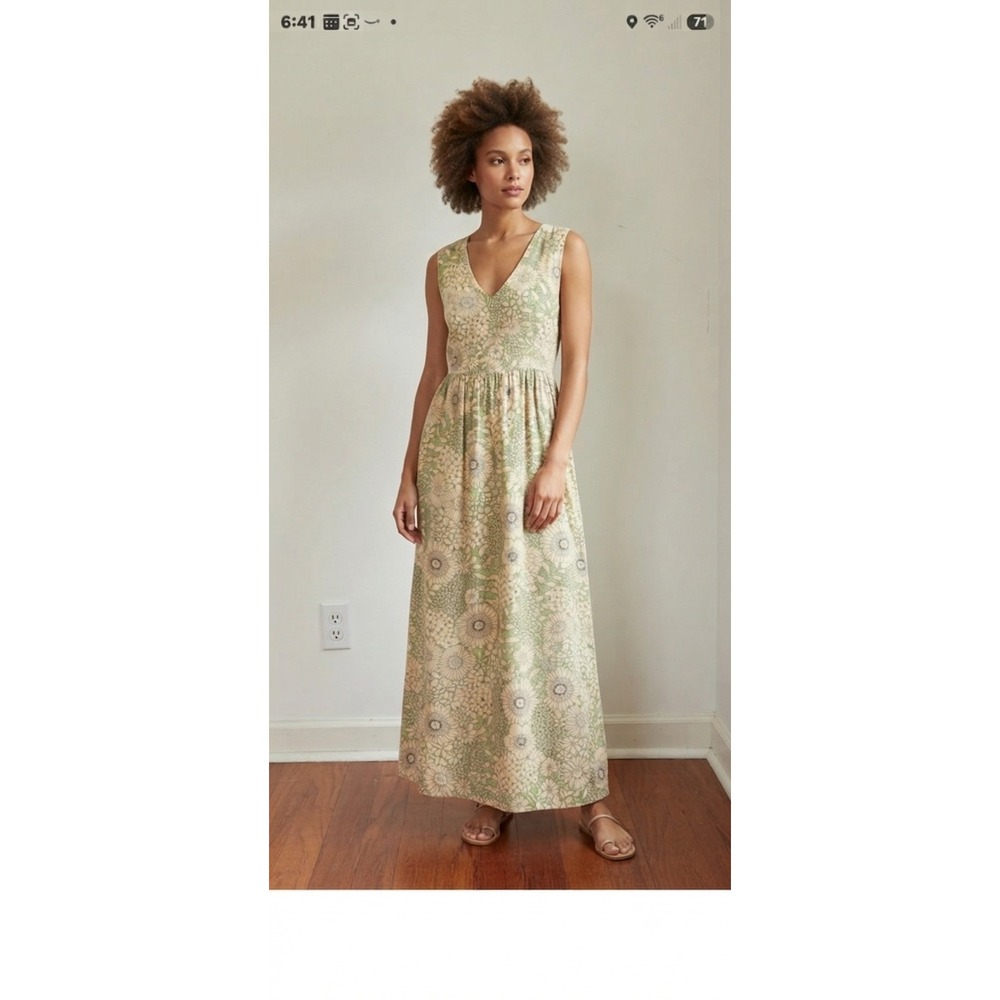 cottagecore coquette Cross Back Maxi Dress Green Beige V-Neck Sleeveless Medium